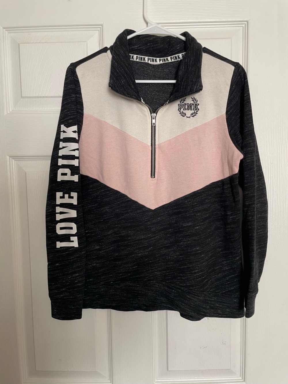 PINK Colorblock Half-Zip Pullover -Dark Grey, Pink, Cream Size Small